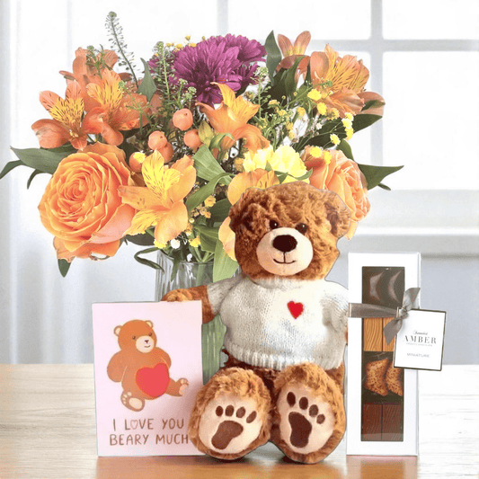 Høstbukett + bamse + konfekt (store byer)