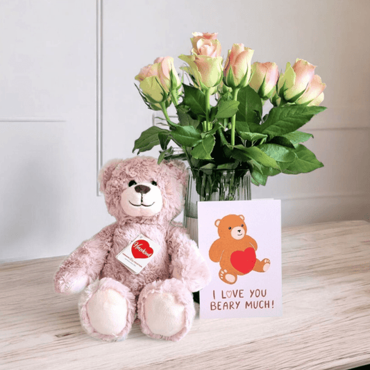 Rosebukett + kosebamse (oslo & omegn)